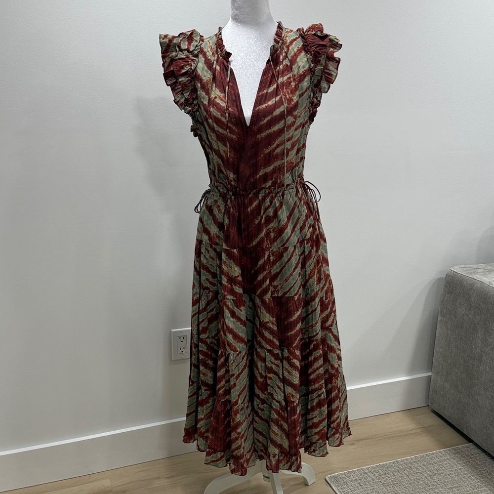Ulla Johnson Brick Red and Olive Printed Ruffle Midi Dress